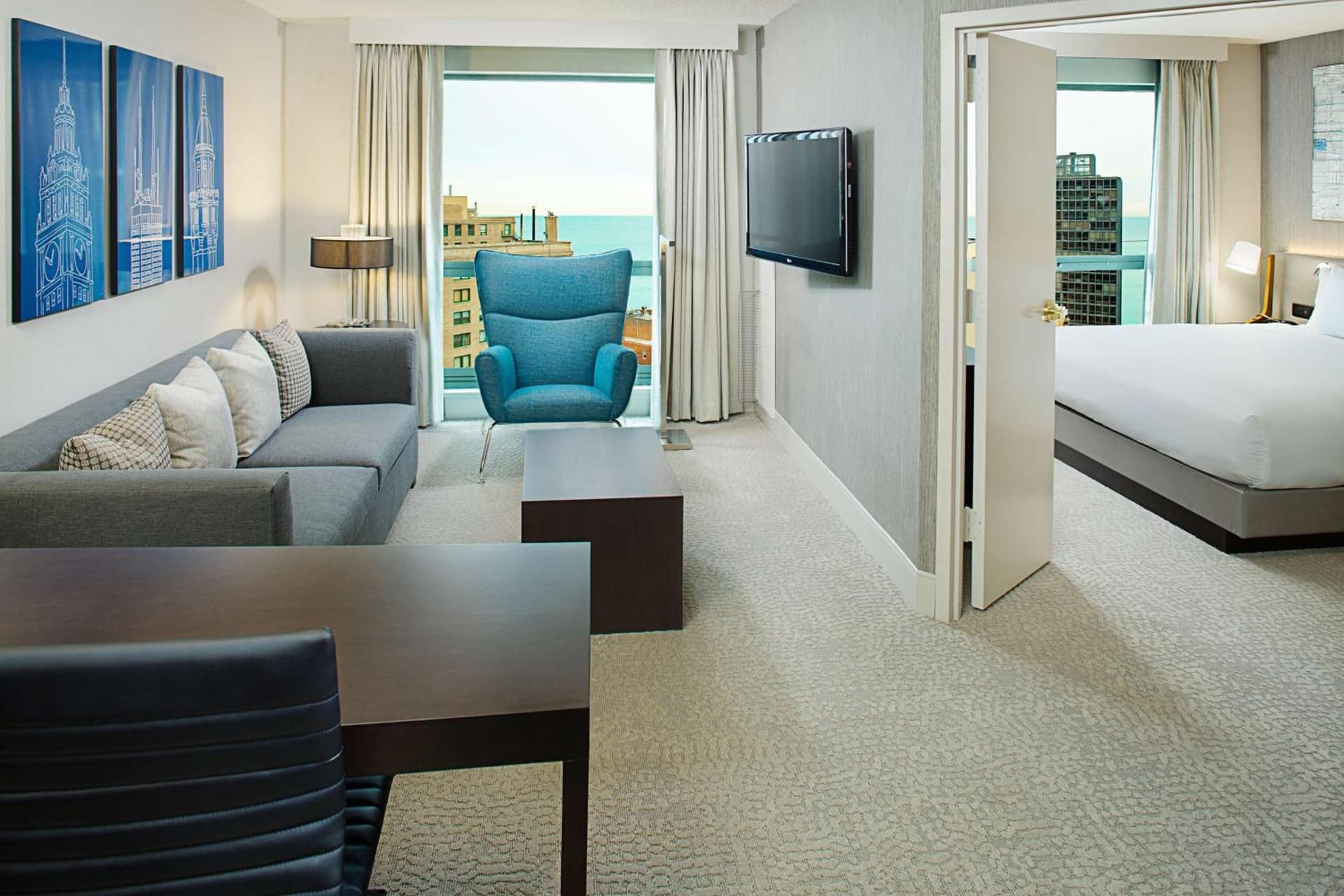 One-Bedroom King Suite with Lake View at Hilton Chicago Magnificent Mile Suites in Chicago, IL