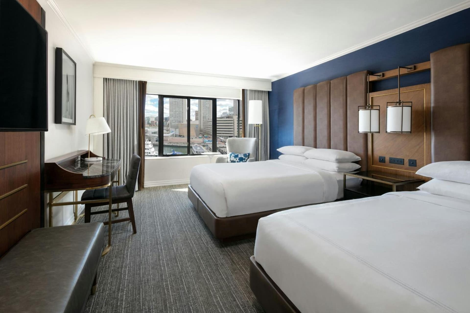 Wharf View 2 Queens Room, Guest room, 2 Queen (Hearing Accessible) at Boston Marriott Long Wharf in Boston, MA