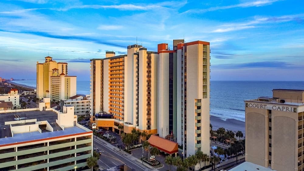 Oceanfront Studio | Pool, Oceanfront Fire Pit and more featured exterior or lobby in Myrtle Beach, SC — similar hotel